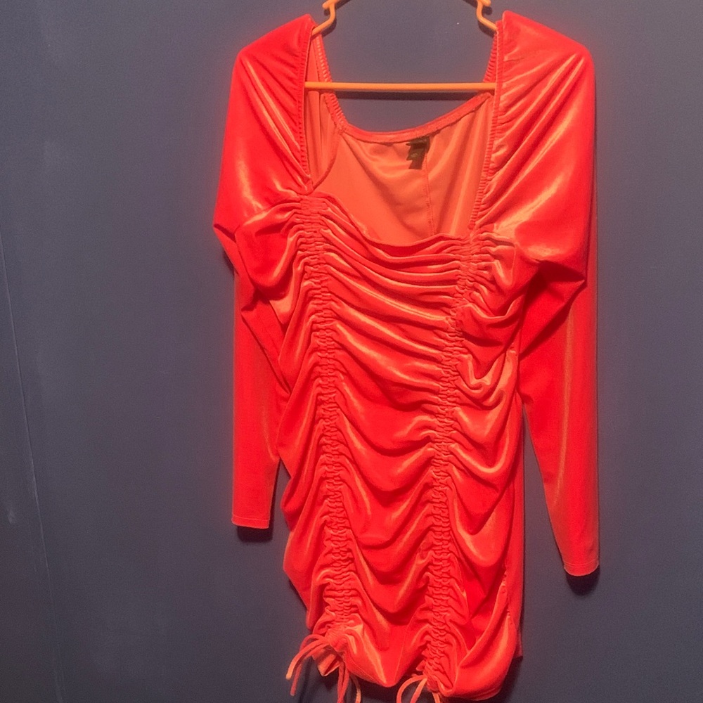 Bright Pink Runched  Long Sleeve Mini Dress